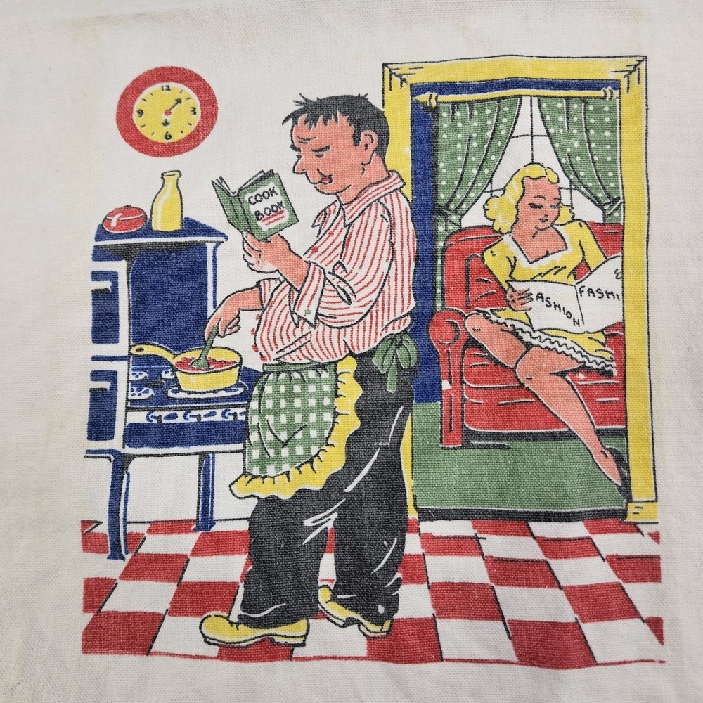 Vintage Novelty Comic Print Tea Towel Husband in Kitchen Wife Lounging 40's 50's